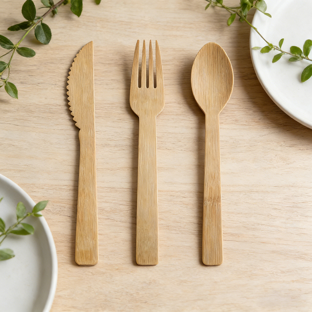 Factory direct biodegradable bamboo fork knife spoon set for takeaway and catering use