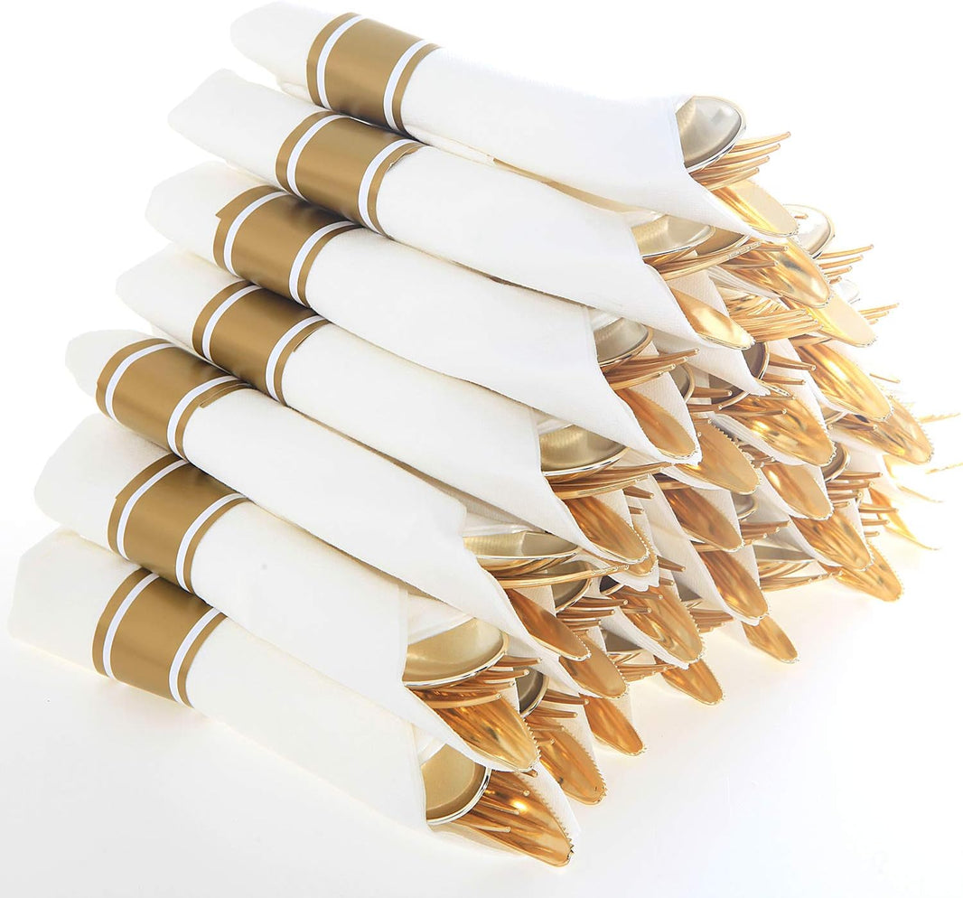 50Packs Pre Rolled Gold Plastic Silverware Sets Cutlery Napkins HL31NPR02
