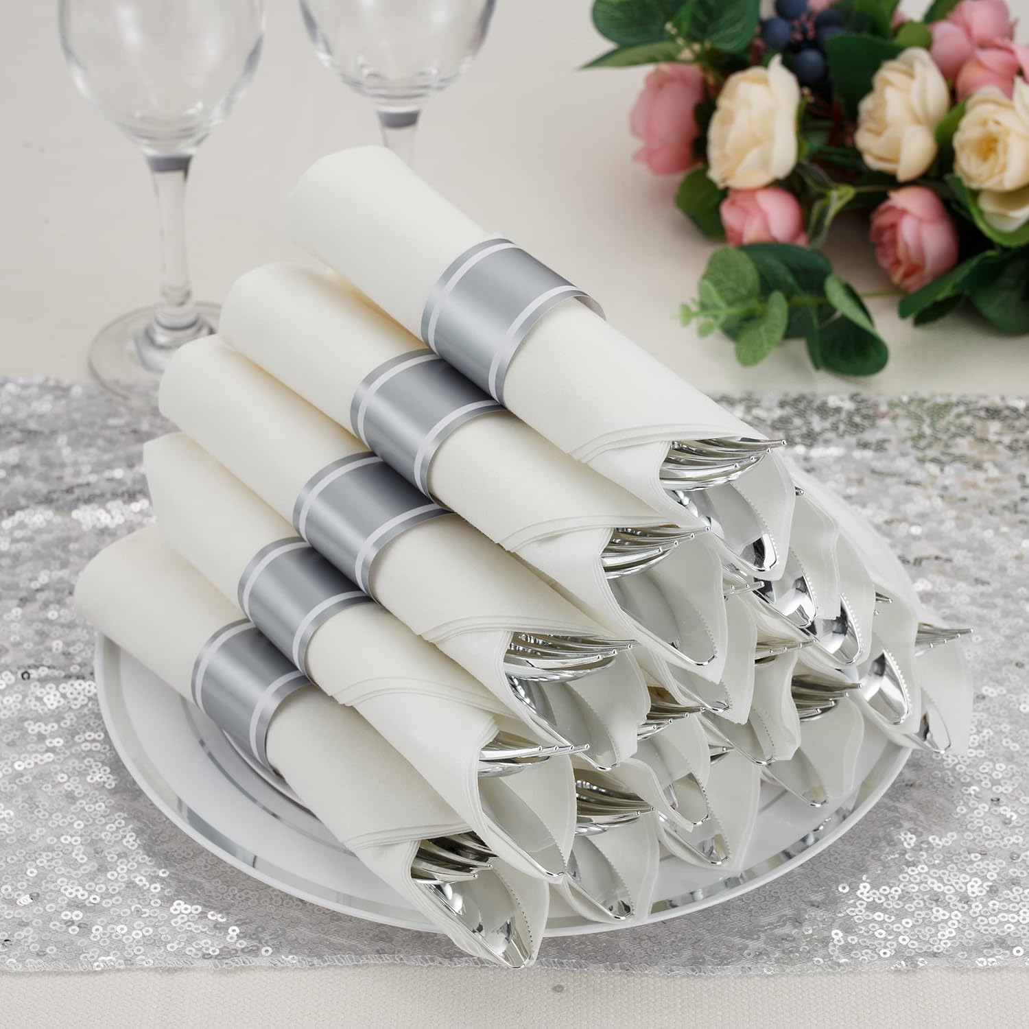 50Packs Pre Rolled Gold Plastic Silverware Sets Cutlery Napkins HL31NPR02