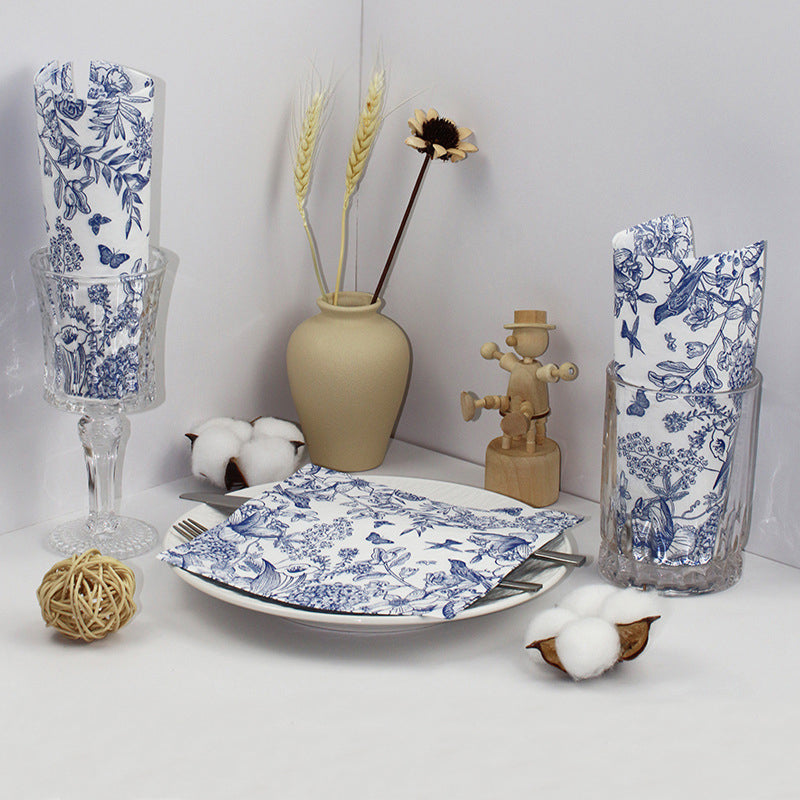 Blue White Porcelain Floral paper  Napkins – Single Color Sketch Print Disposable Paper Napkins for Restaurants, Events & OEM Custom