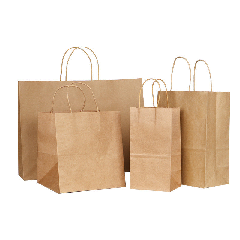 Various sizes of custom printed kraft paper handbags for shopping takeaway and gift packaging