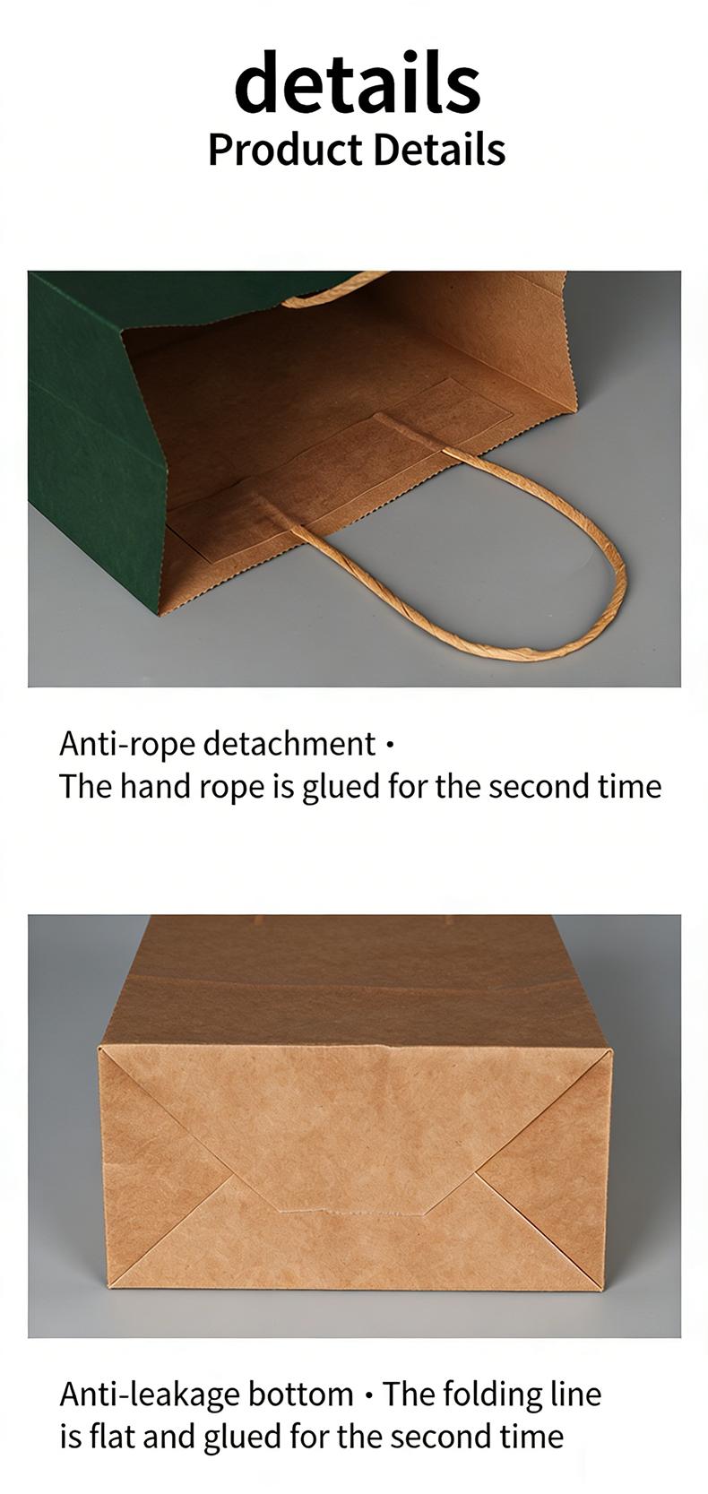 Reinforced hand rope design of custom kraft paper bags anti detachment and durable construction for daily use