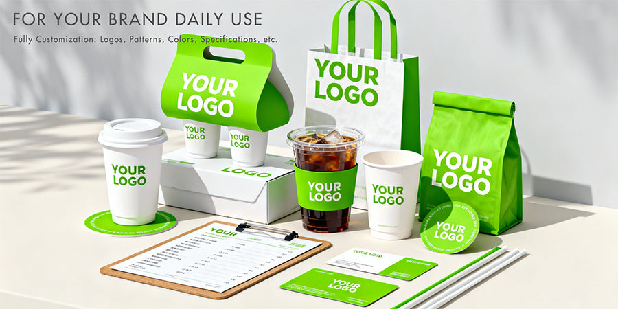 paper napkins and bags and cups, coasters,paper placemats