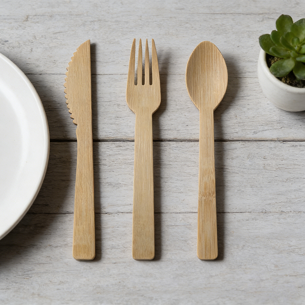 Wholesale eco-friendly disposable bamboo cutlery set including fork knife and spoon for food service