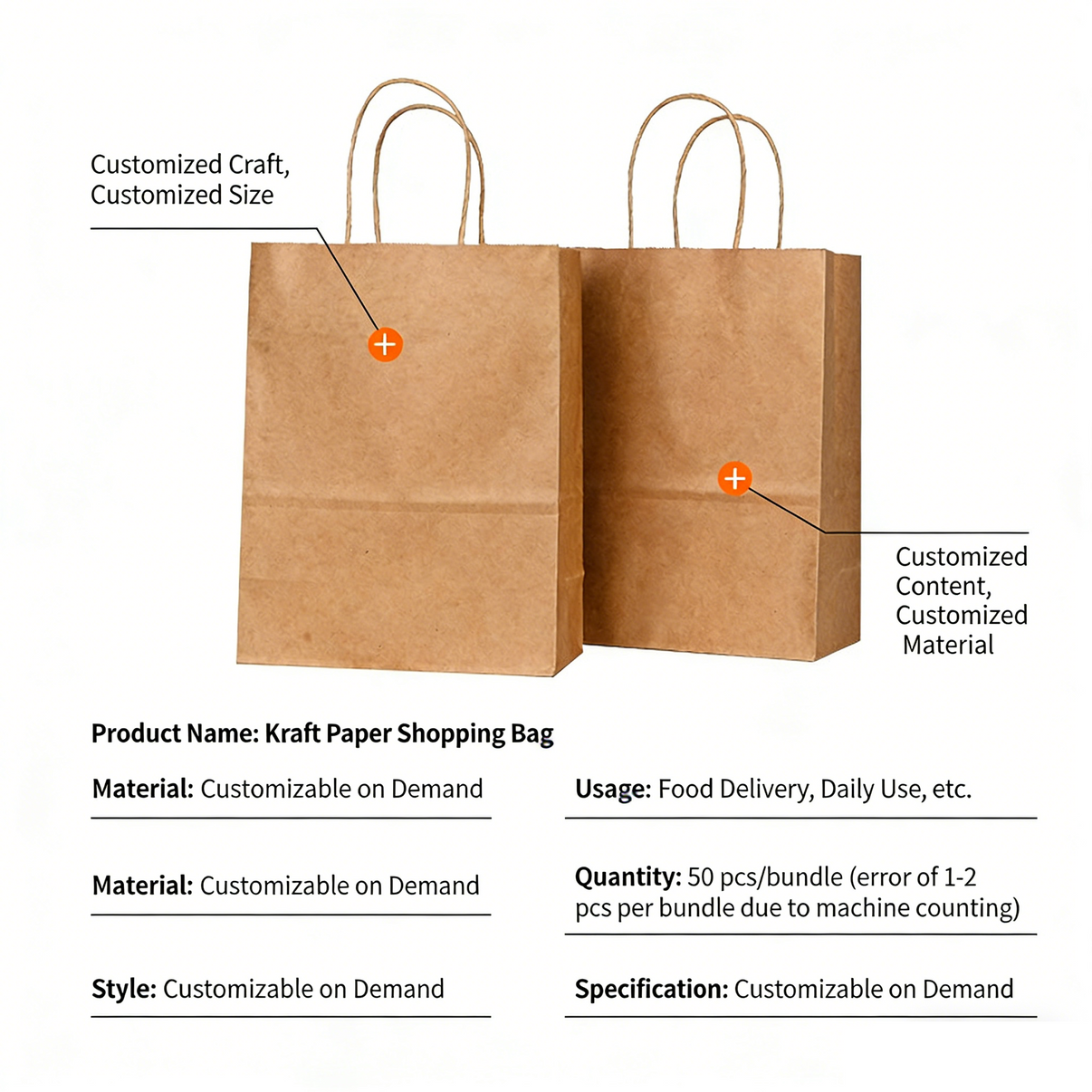 Custom kraft paper shopping bags with customizable size content and material for catering takeaway and daily use