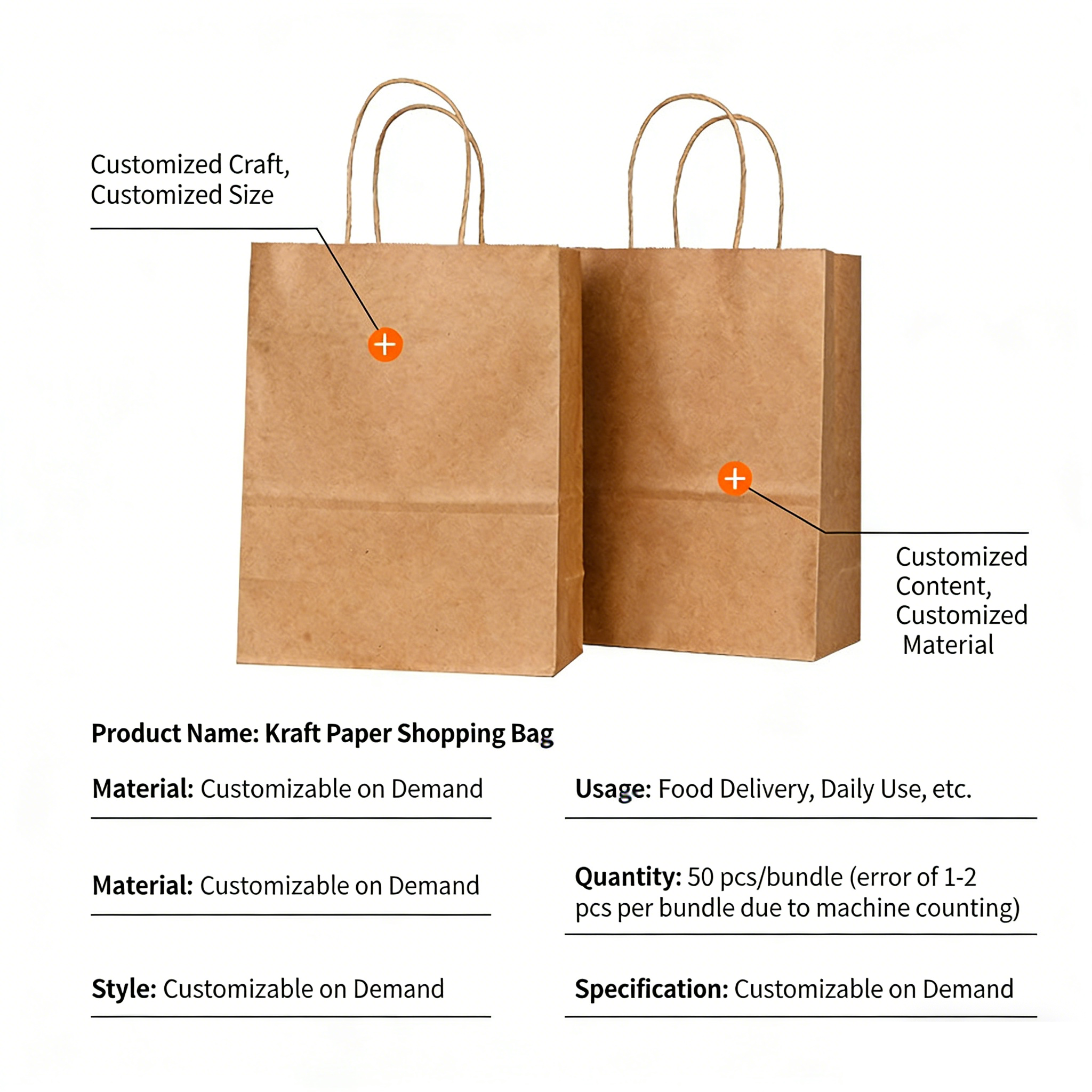 Custom kraft paper shopping bags with customizable size content and material for catering takeaway and daily use