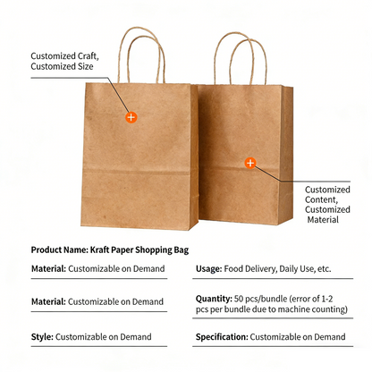 Custom kraft paper shopping bags with customizable size content and material for catering takeaway and daily use