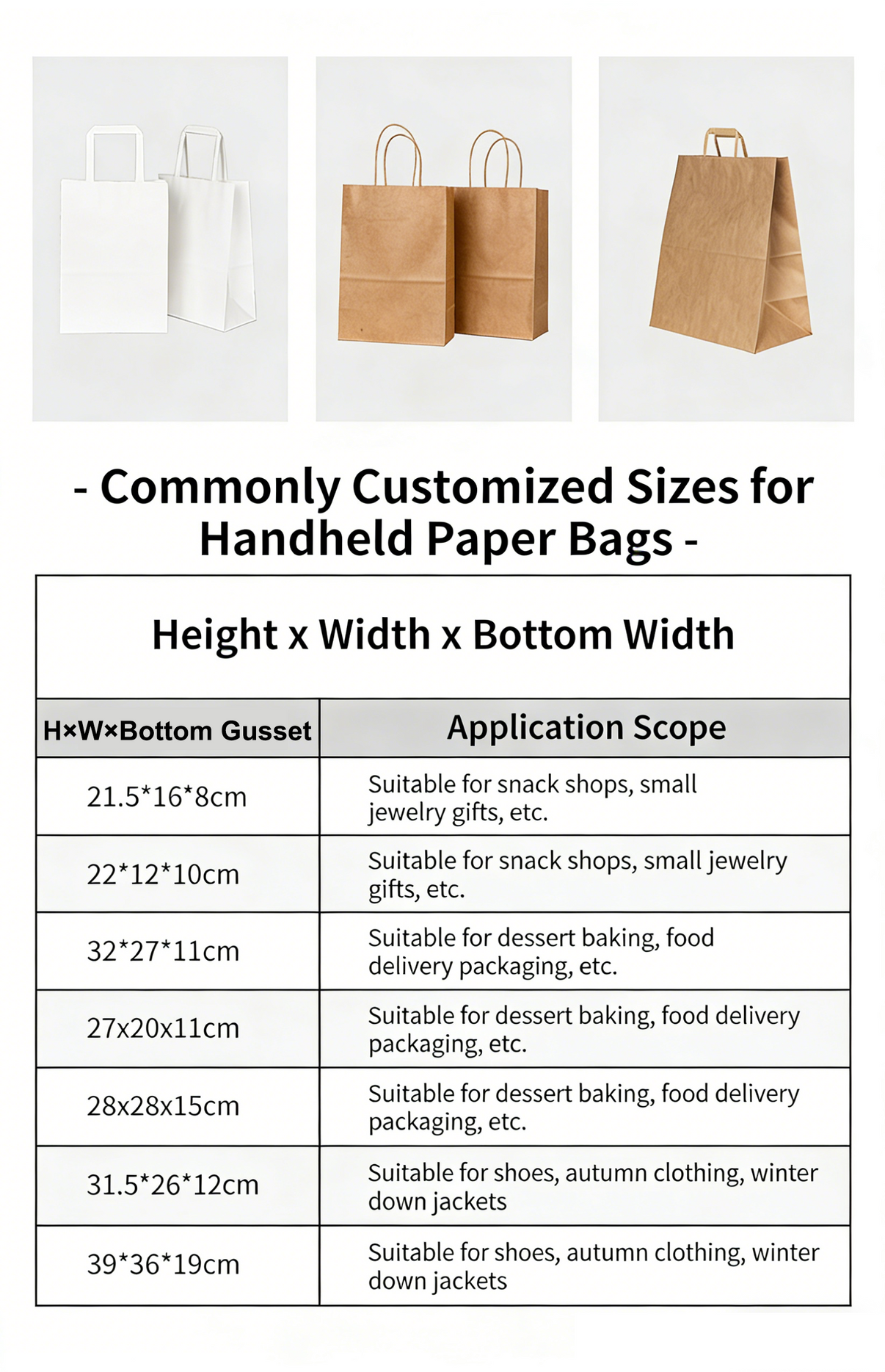 Custom sized kraft paper bags with detailed size chart and application scope for snack shop dessert baking clothing and gift packaging