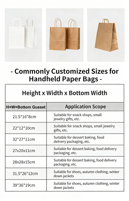 Custom sized kraft paper bags with detailed size chart and application scope for snack shop dessert baking clothing and gift packaging