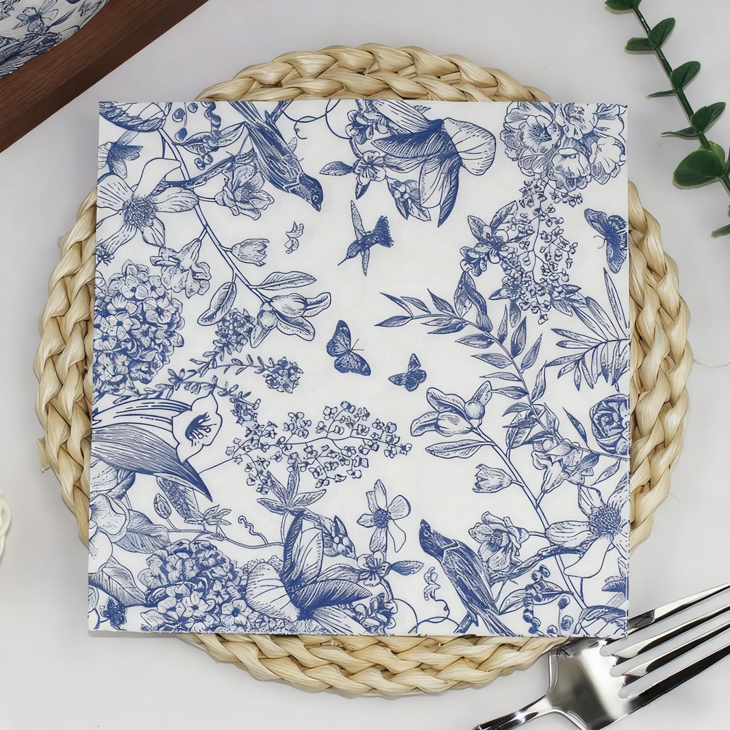 Blue White Porcelain Floral paper  Napkins – Single Color Sketch Print Disposable Paper Napkins for Restaurants, Events & OEM Custom